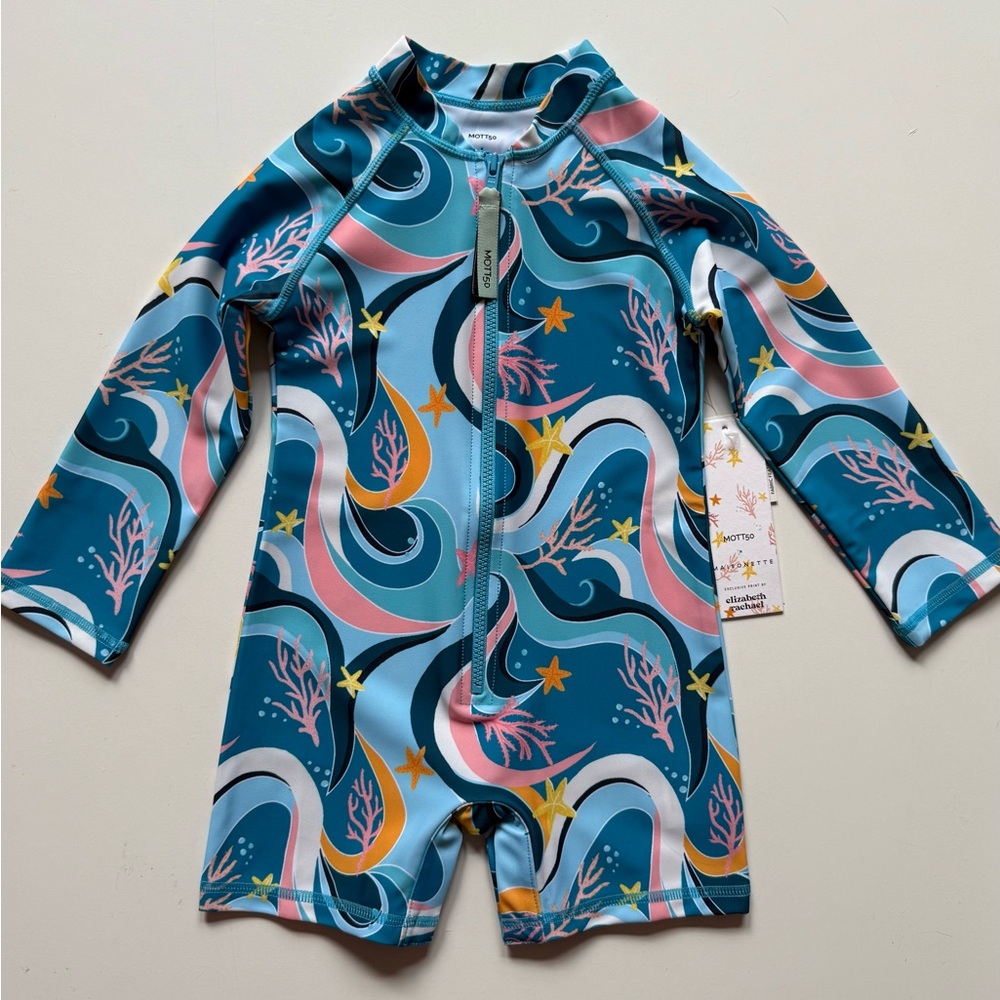 Mott50 x Maisonette Mini Taylor Baby Unisex LongSleeve Sunsuit, Ocean Candy Wave